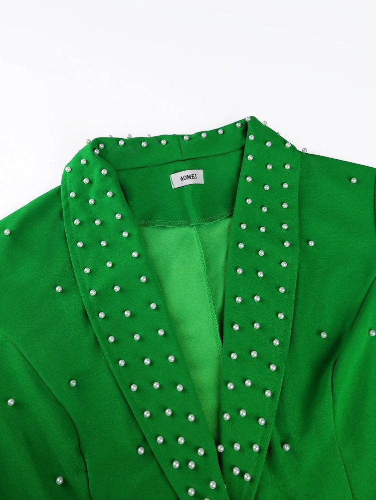 Plus Size Women's Green Beaded Blazer Suit Three-quarter Sleeve Top + Wide-leg Pants Elegant Two-piece Set Casual Y2K Two Piece