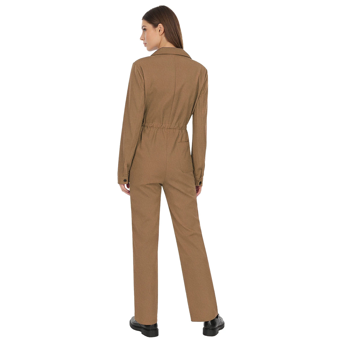 Womens Fashion Work Coverall Rompers Casual Solid Color Turn-Down Collar Long Sleeve Button Jumpsuit Travel Holiday Cargo Pants