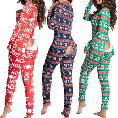 Adult Long Sleeve Pajamas Button Flip Cover Women's 1Piece Loungewear Butt Button Back Flap Jumpsuit Sleepwear Romper Home Wear