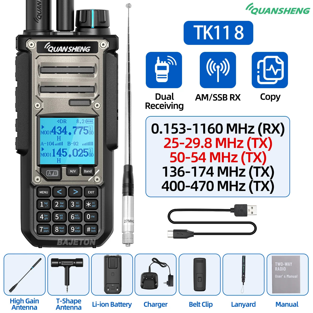Quansheng TK11 8 Walkie Talkie 10W Dual Receiving PTT AM SSB 27MHz CB CW LSB LW MW SW Type-C NOAA for UV-K5 8 Ham Radio TK-11 5