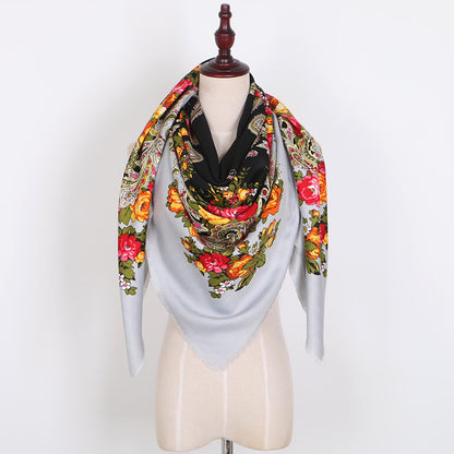 Russian Women Big Size Square Scarf Luxury Floral Print Bandana Wraps Female Retro Short Tassel National Shawl