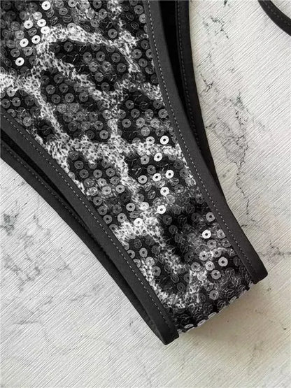 2026 Leopard Sequins Halter Strappy Bikini Women Swimwear Female Swimsuit Two-pieces Bikini Set Bather Bathing Suit Swim Lady