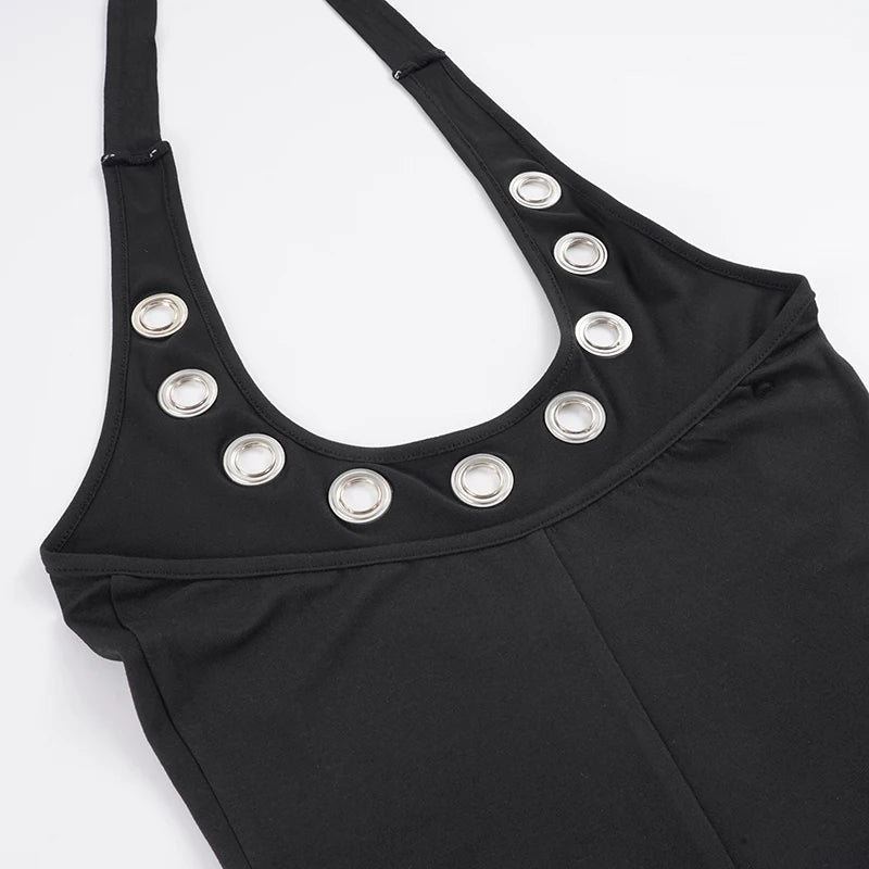 Women's Sleek Black Halter Jumpsuits With Eyelet Detailing Form-Fitting Capri Length Design Chic And Minimalist Summer Outfits