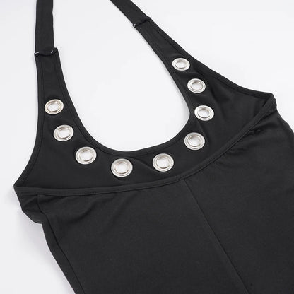 Women's Sleek Black Halter Jumpsuits With Eyelet Detailing Form-Fitting Capri Length Design Chic And Minimalist Summer Outfits