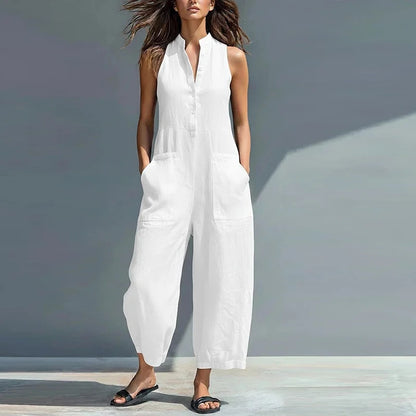 Summer Sleeveless Jumpsuit Women V Neck Solid Color Pocket Cotton Linen Long Pants Jumpsuits Women Romper Commuting Playsuits