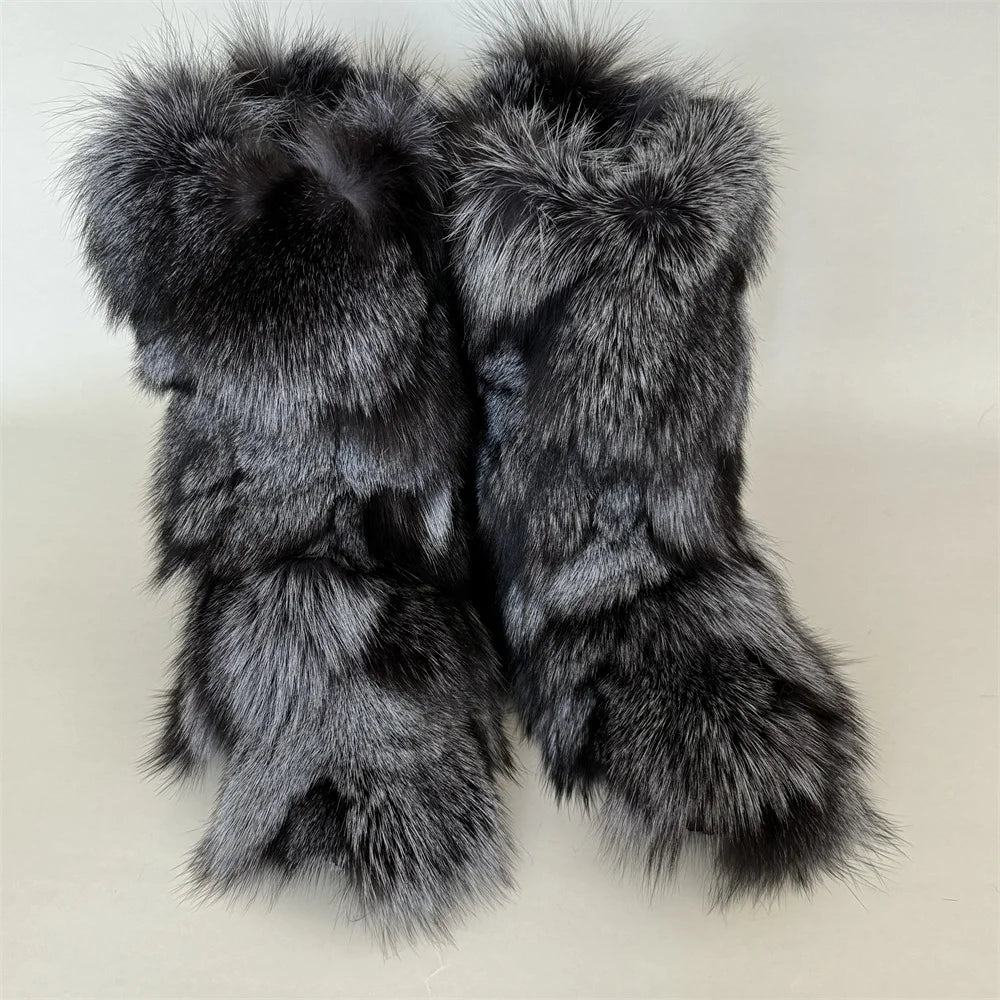 Winter Shoe Women's Winter Fluffy Real Fox Fur Boots Woman Plush Warm Snow Boots Luxury Footwear Girls' Furry Fur Bottes Fashion