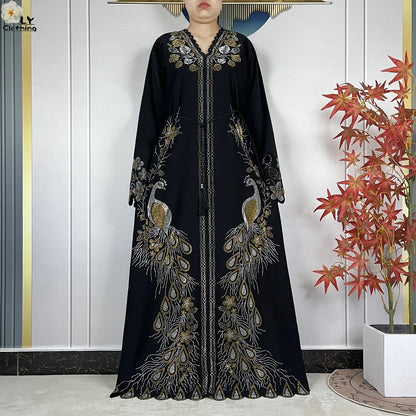 New Style Fashion Dubai Muslim Women Dress Elegant Arabic Femme Hijab Long Sleeve Chiffon Diamond Abaya Islamic Turkey Clothing