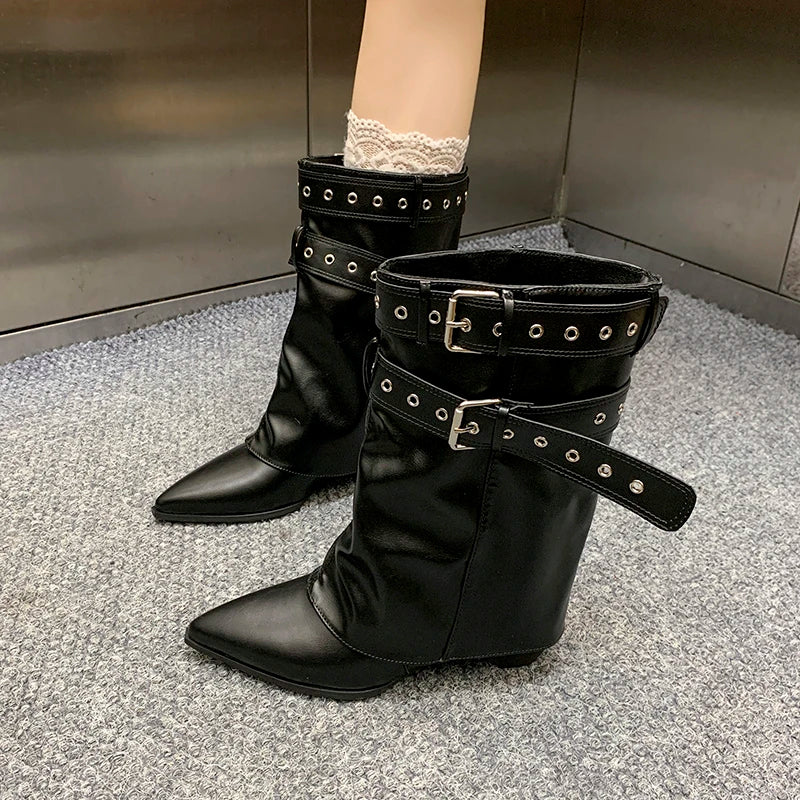 2025 Pointed Toe Women's Winter Boots Designer Mid Heels Elegant Shoes Pumps Fashion Boots New Trend Dress Gothic Ladies Boots