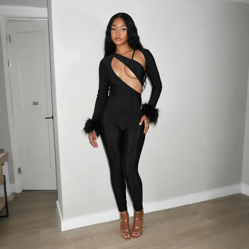 FAGADOER Women Sexy Cut Out Fur Patchwork Jumpsuit One Shoulder Long Sleeve Bodycon One Piece Club Party Night Out Outfit New