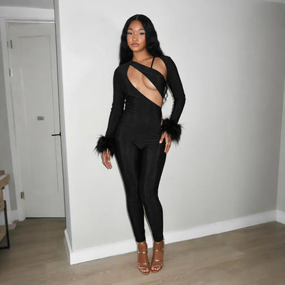 FAGADOER Women Sexy Cut Out Fur Patchwork Jumpsuit One Shoulder Long Sleeve Bodycon One Piece Club Party Night Out Outfit New