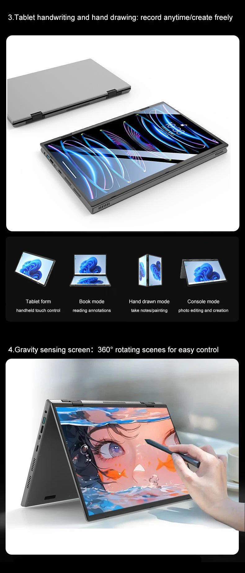 CRELANDER Mini Laptops 14 Inch 2240*1440 Double Touch Screen Intel Processor Foldable Tablet PC Windows11 Dual Screen Laptop
