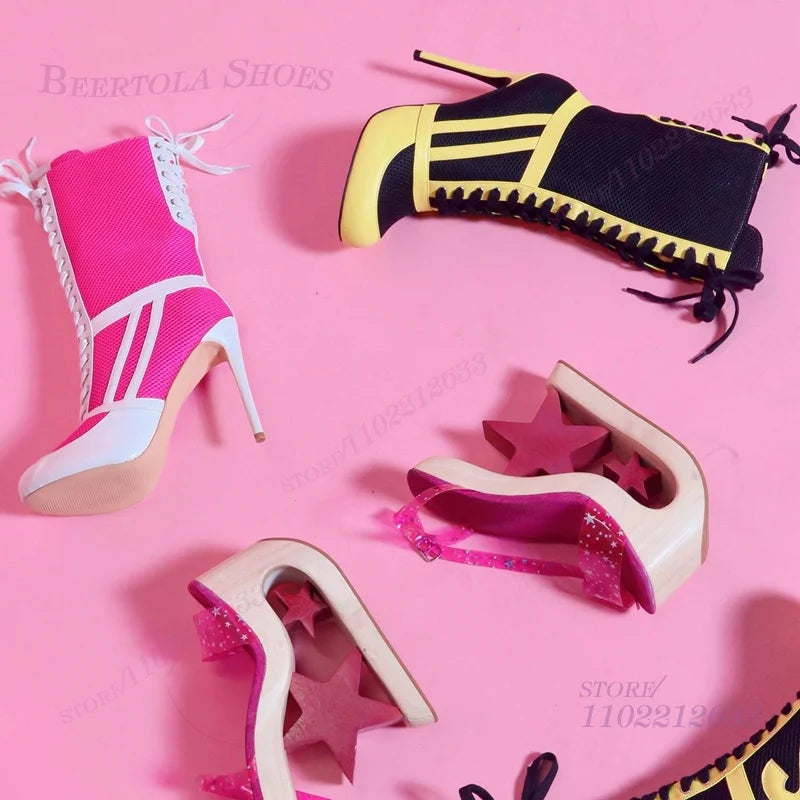 Bright Pink Knitted Canvas Boots Women White Leather Patchwork Stiletto Heel Round Calf Laces Black Yellow Striped Girls Shoe