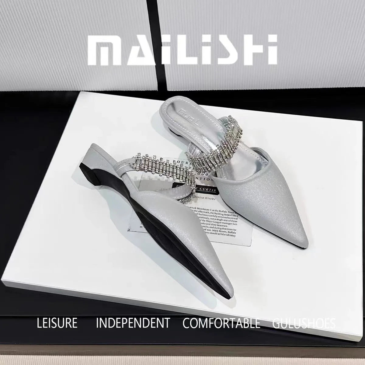 Luxury Crystal Women Slippers Pointed Toe Mules Shoes Elegant Heeled Sandals New Party Slingabck Flip Flops Elegant Mujer Shoes
