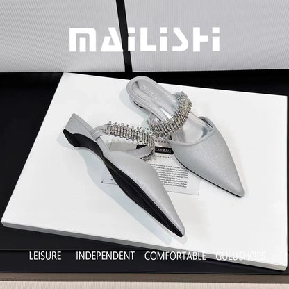 Luxury Crystal Women Slippers Pointed Toe Mules Shoes Elegant Heeled Sandals New Party Slingabck Flip Flops Elegant Mujer Shoes