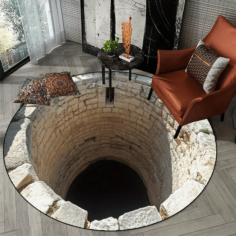 Stone Well Illusion Round Rug Flannel Unique Home Decor Living Room Floor Art Optical Illusion Design Conversation Starter Piece