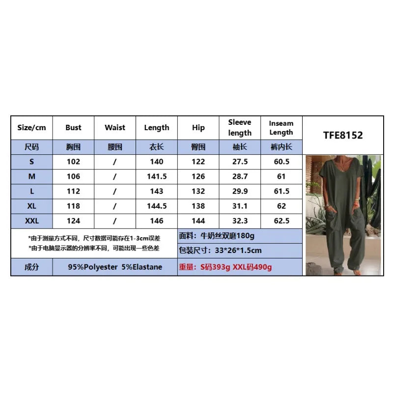 Women Summer Solid V Neck Jumpsuit European Hot Oversized Pockets Low Crotch Loose Rompers Ladies Casual Daily Outfit