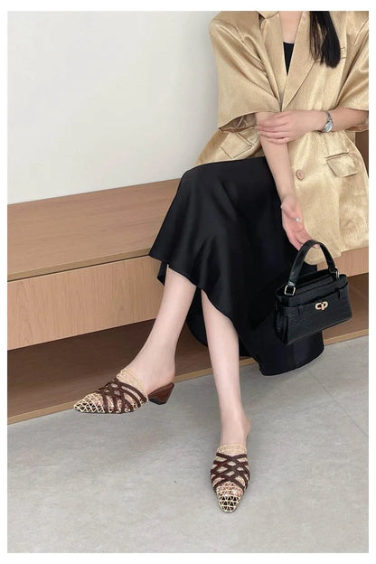 2026 Summer Luxury Fashion Designer Slippers Women Lace Mesh Square Toe Slip On Mule Slippers Low Heel Sandal Casual Shoes Muje