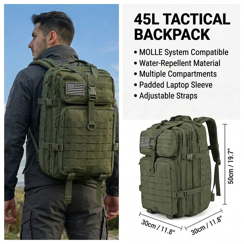 45L Tactical Fishing Backpack Molle Water Resistant Outdoor Tackle Bag Large Capacity Storage Camping Hiking Travel Rucksack Trekking Men Women Anglers Fishermen Rod Reel Gear Durable Multi Pocket Wear Resistant Lake River Se