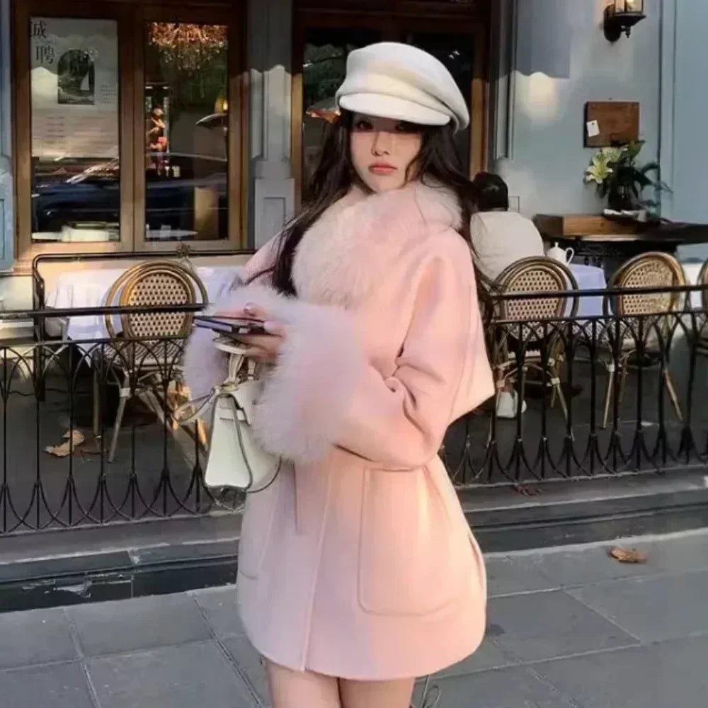 ORTBUY Autumn Winter New Fur Coat  Fox Fur Collar Jacket Female Double-sided Woolen Coat Small Double-sided Cashmere Coat Women