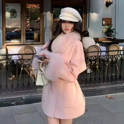 ORTBUY Autumn Winter New Fur Coat  Fox Fur Collar Jacket Female Double-sided Woolen Coat Small Double-sided Cashmere Coat Women