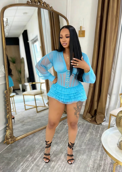Boho Summer Mesh Casual Playsuit Sexy Women V-neck Elegant Night Club Ruffles Romper Overalls