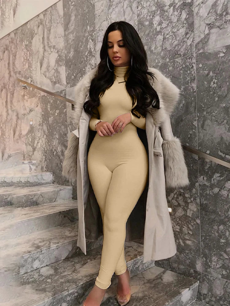 Hugcitar Fall Long Sleeve Solid Turtleneck Sexy Skinny Bodycon Jumpsuit Women Fashion Streetwear Sport Casual Romper Overalls