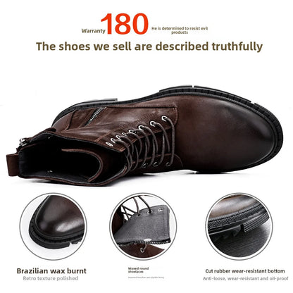 Round Head Casual Combat Boots Thick-soled High Boots Men's High Top Leather shoe Zipper Leather Boots motorcycle boots men