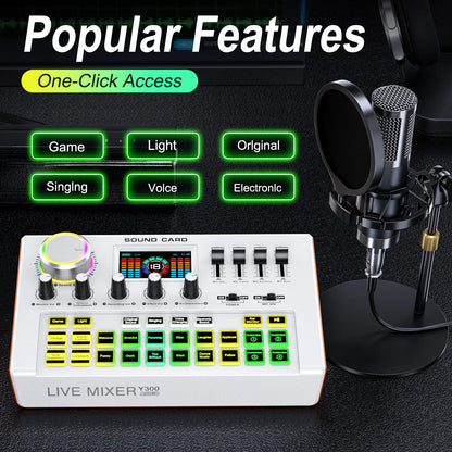 TENLAMP Y300-P15B Podcast Microphone Bundle Live Sound Card Audio Mixer, Professional 3.5mm Condenser Mic Kit for PC Phone Gaming Streaming Karaoke YouTube Vlog Recording Studio