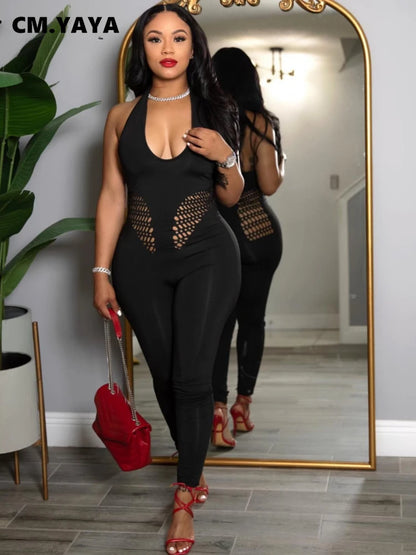 CM.YAYA Sleeveless Sexy Mesh Lace Hollow Out Women’s Jumpsuits 2025 summer v-Neck Night Club Party Pajamas One Piece Outfits