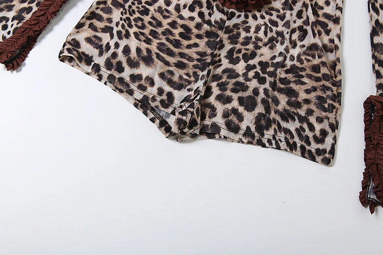 Weird Puss Leopard Print Romper Women See Through Sexy Hollow Deep v-Neck Ruffles Full Sleeve Clubwear Coquette Slim Playsuit