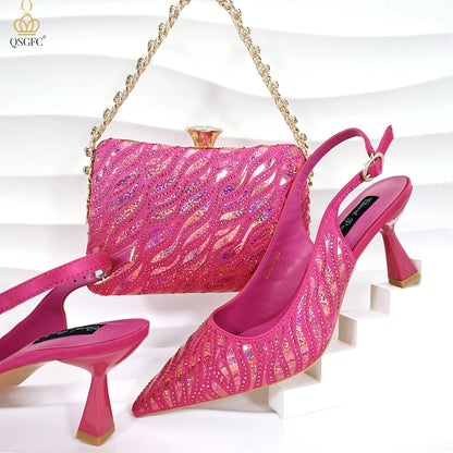 QSGFC New Arrival Fashion Shoes Matching Bag Set Royal Blue Color Decorated with Crystal Ladies Wedding Party Women High Heel