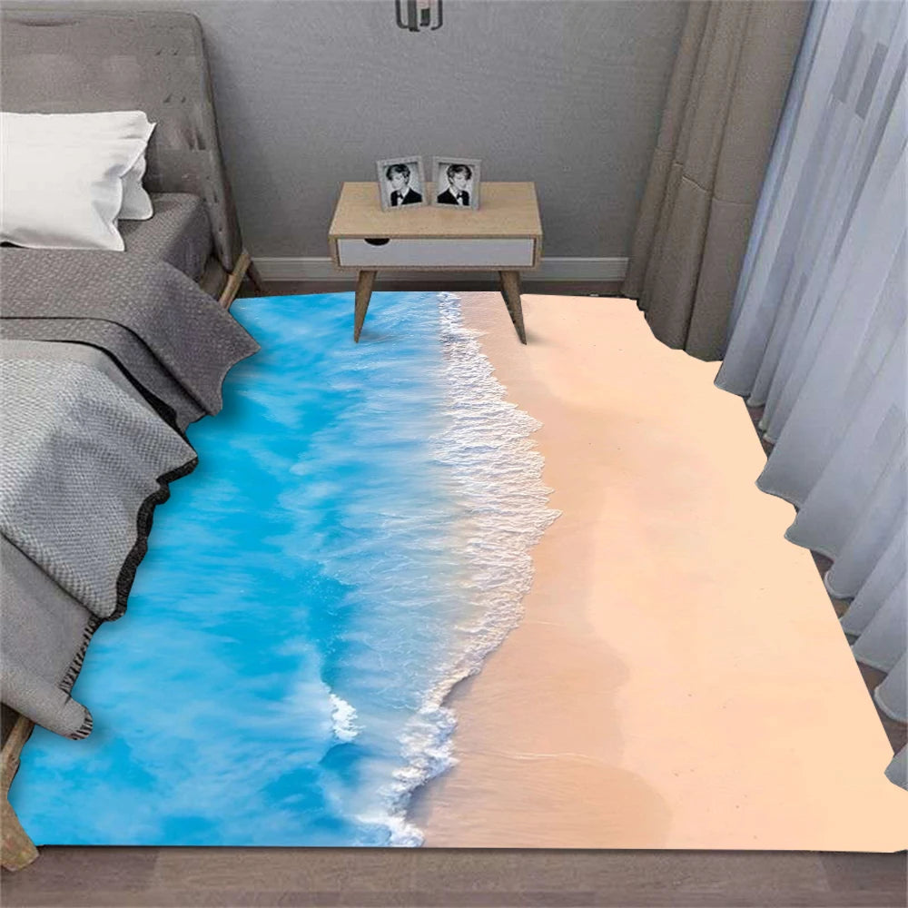 Crystal Velvet Carpet Summer Waves Beach Shell Rug for Living Room Sofa Bedroom Kitchen Hallway Decor