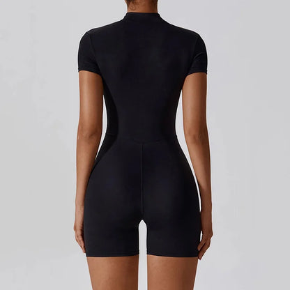 Women's Zipper Short-Sleeve Yoga Jumpsuit - Quick-Dry Breathable Tight Fitness Onesie for Gym Running Sportswear