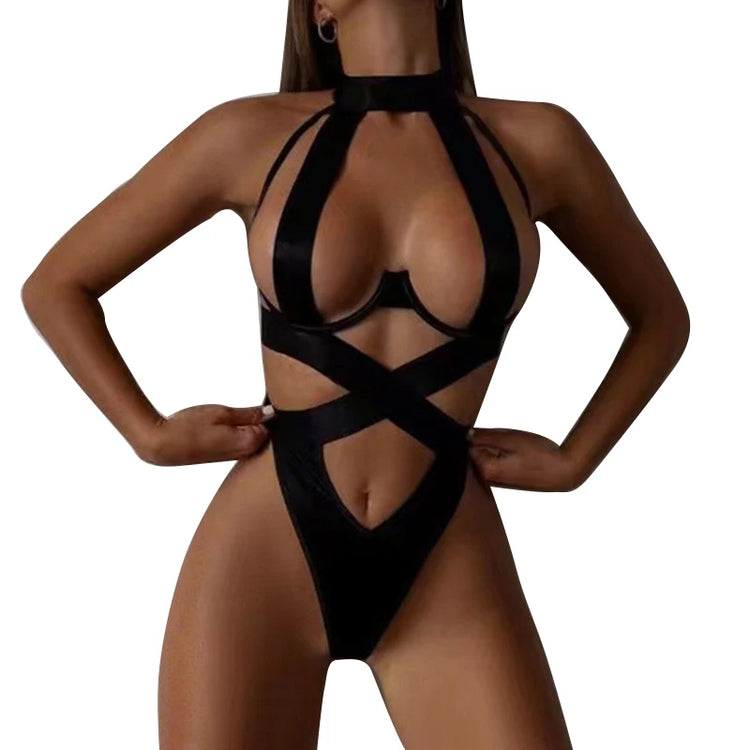 Black Halter Sexy Lingerie Women Bandage One Piece Bra Sets Erotic Costumes Teddy Baby Doll Dress Push Up Underwear Set Bodysuit