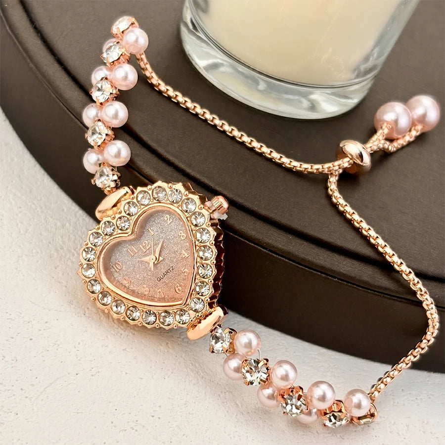 Elegant Heart-Shaped Watch with Double-Row Diamond Pearl Bracelet & Drawstring Closure