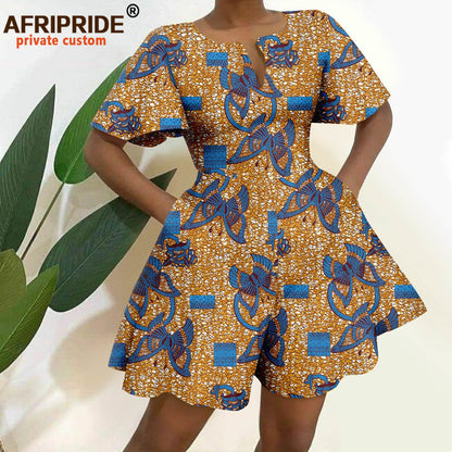2026 African Clothes for Women Short Sleeve High Waist Print Jumpsuit Casual Cotton Summer Outfits Rompers Playsuits A2329001