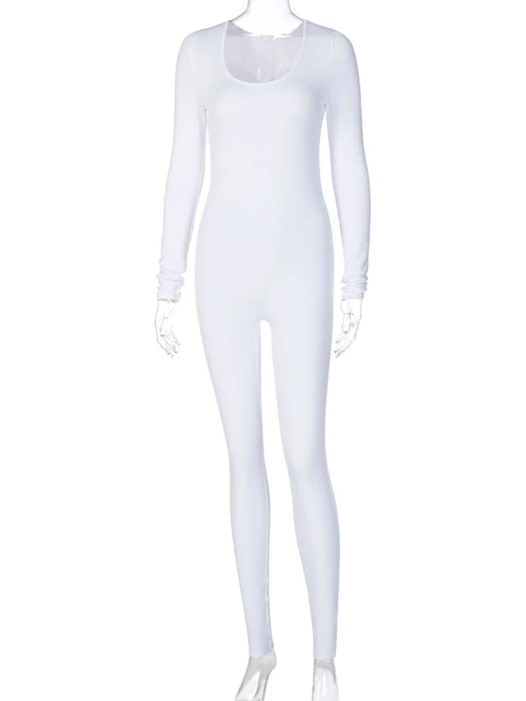 Hugcitar 2025 Square Collar Solid Long Sleeve Stretchy Bodycon Jumpsuits Winter Women Fashion Romper Streetwear Sport Wholesale