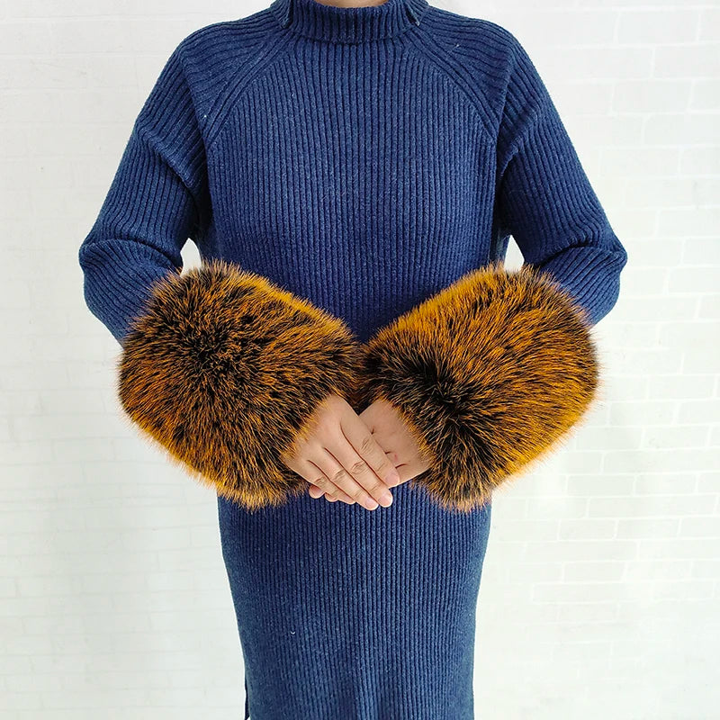 Large Women Faux Fox Fur Scarf Winter Jackets Warm Fluffy Shawl Fashion Artificial Fur Collar And Cuff Set Fluffy Scarves Female