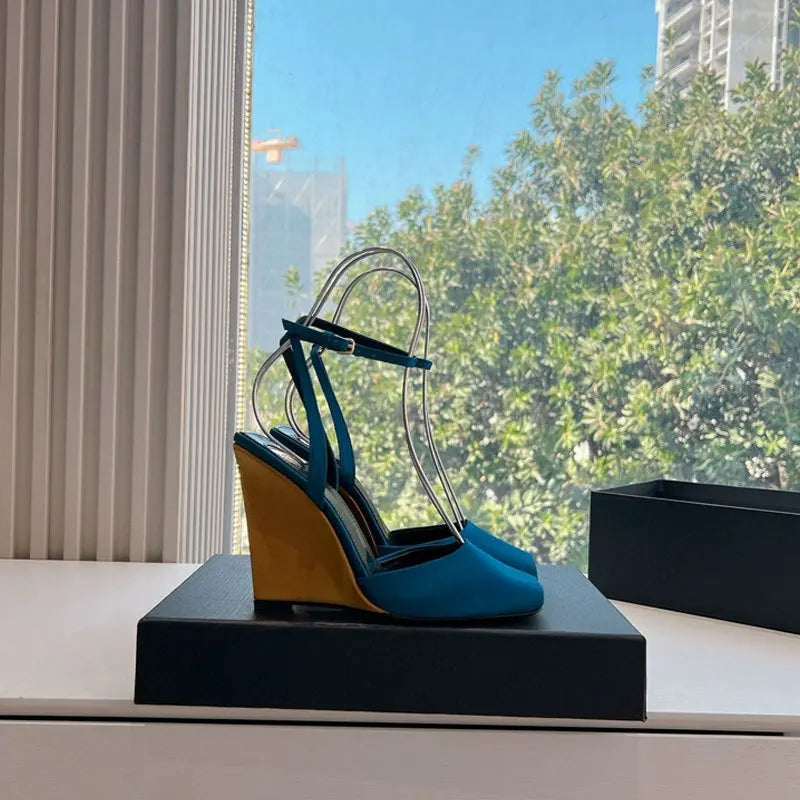 Ankle Strap Patent Leather Peep Toe Summer Women Sandals Wedges High Heel Buckle Strap Design Large Size Fashion Show Shoes