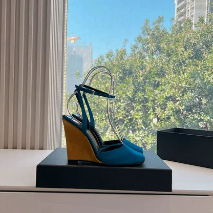 Ankle Strap Patent Leather Peep Toe Summer Women Sandals Wedges High Heel Buckle Strap Design Large Size Fashion Show Shoes