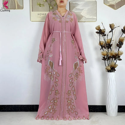2026New Dubai Muslim Women Modest Dress Diamond Chiffon Elegant Arabic Femme Hijab African Abaya Islamic Long Sleeve Turkey Robe