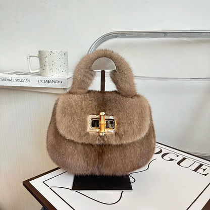 Fur Women's Mink Fur Bag Luxury Warm Plush Wrist Bags  Women Fashion Furry Short Handle Clutch Cute Ladies Fur Bags For Women
