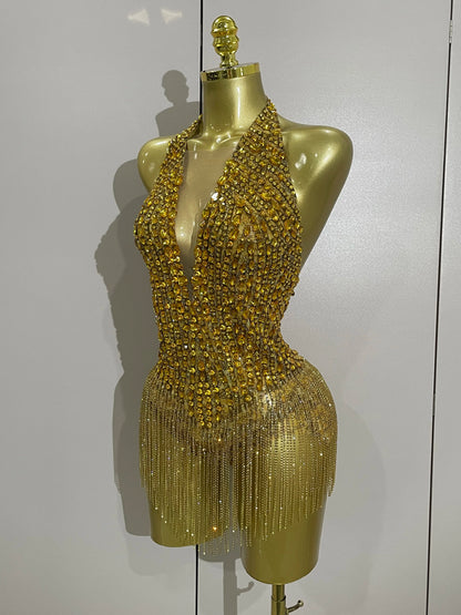 Luxury Golden Rhinestone Sexy Mesh Stretch Bodysuits Women Birthday Dancer Performance Stage Wear Nightclub Team Hotwife Outfit