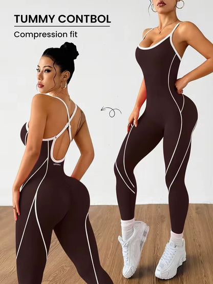Women Contrast Piping Yoga Jumpsuit Thin Strap Open Back One Piece Workout Bodysuit High Elastic Slim Fitness Gym Sports Rompers