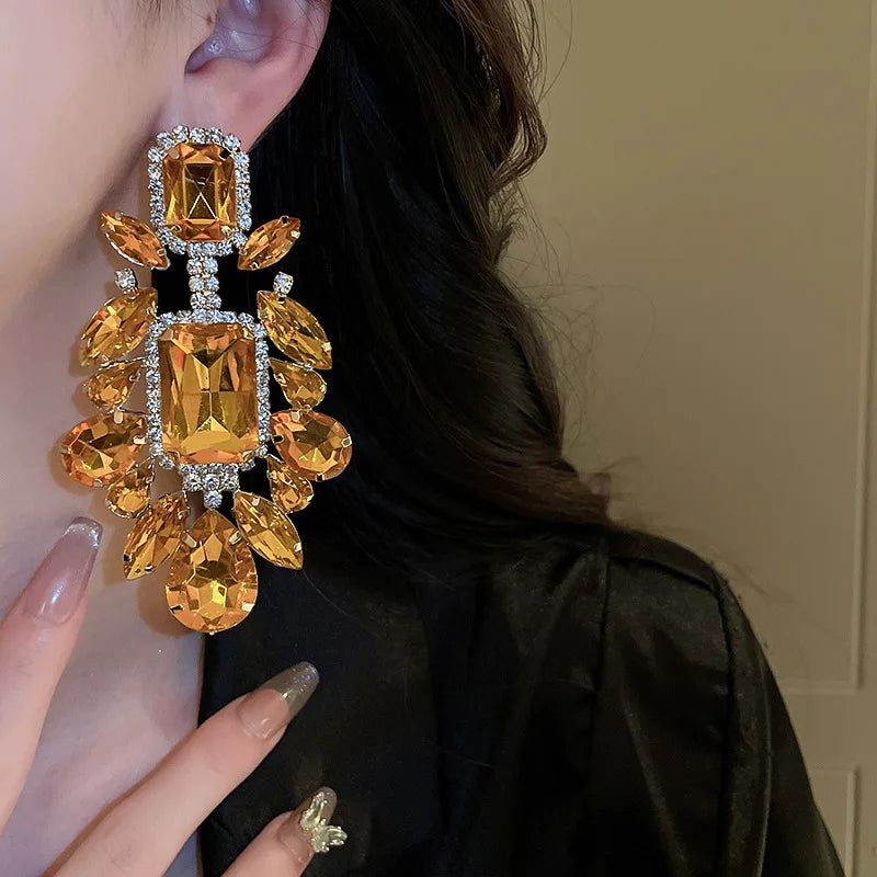 Orange Rhinestone Geometric Earrings for Women Retro Exaggerated Drop Earrings Temperament Party Accessories Girls Gifts