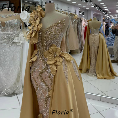 Luxury Gold Wedding Dress Beaded Crystal Appliques 3D Flowers Bride Party Gowns Prom Customized African Woman Vestidos de Gala