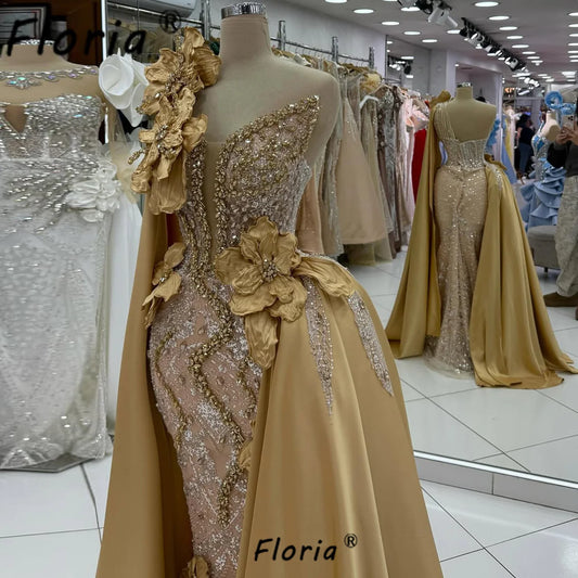 Luxury Gold Wedding Dress Beaded Crystal Appliques 3D Flowers Bride Party Gowns Prom Customized African Woman Vestidos de Gala
