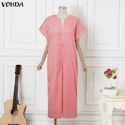 Plus Size VONDA Women Jumpsuits Summer Fashion Short Sleeve Stripe Jumpsuits Wide Leg Pants V Neck OL Party Overalls Playsuits