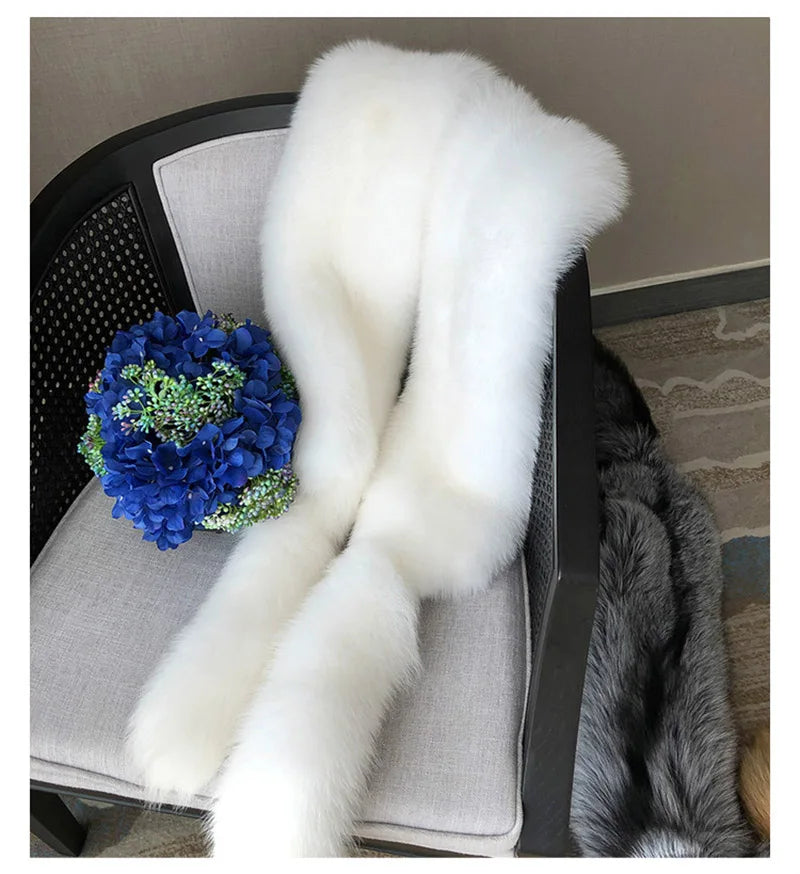 MS.Minshu Long Natural Fox Fur Scarf  Genuine Fur Boa Whole Fox Stole with Tails