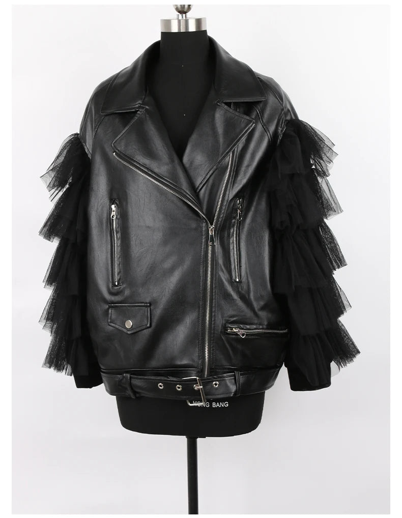 Nerazzurri Spring Autumn Loose Black Faux Leather Jacket Women with Lace Long Sleeves Zipper Belt Luxury Elegant Fashion 2022